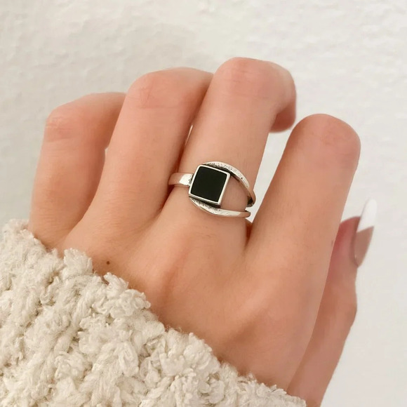 Jewelry - 925 Sterling Silver Dainty Ring Black Square Ring Geometric Ring Minimalist Ring